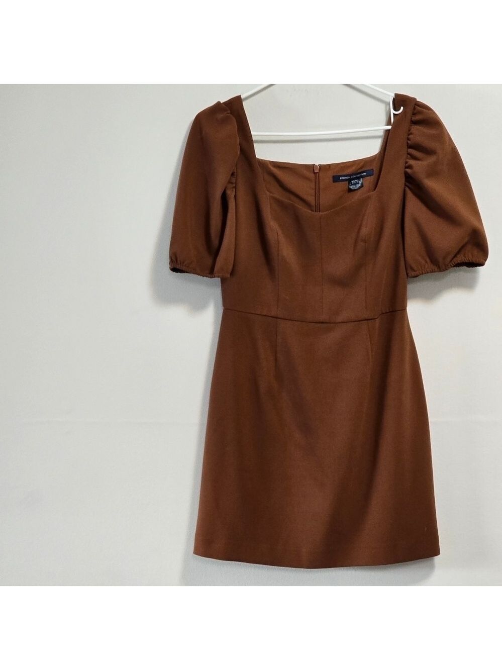 French Connection Berina Whisper Mini Brown Puff Sleeve Fitting Mini Dress